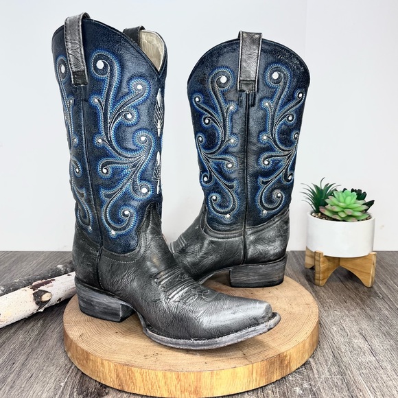 *Rockin Leather | Grey/Navy Western Distressed Leather Boots Size 6.5E - Picture 6 of 16